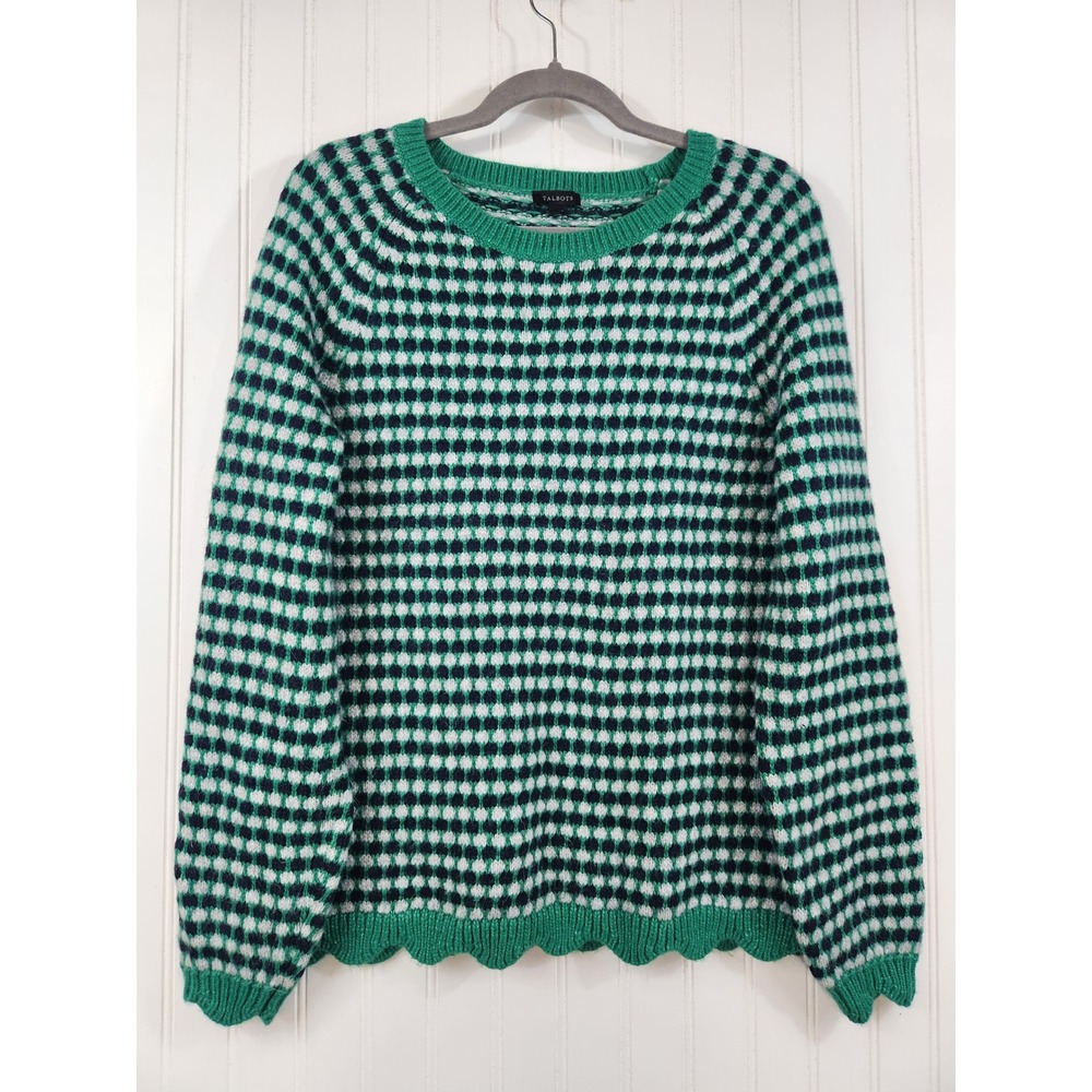 Talbots Womens Green Navy‎ White Geometric Dot Scalloped Hem Sweater Size M